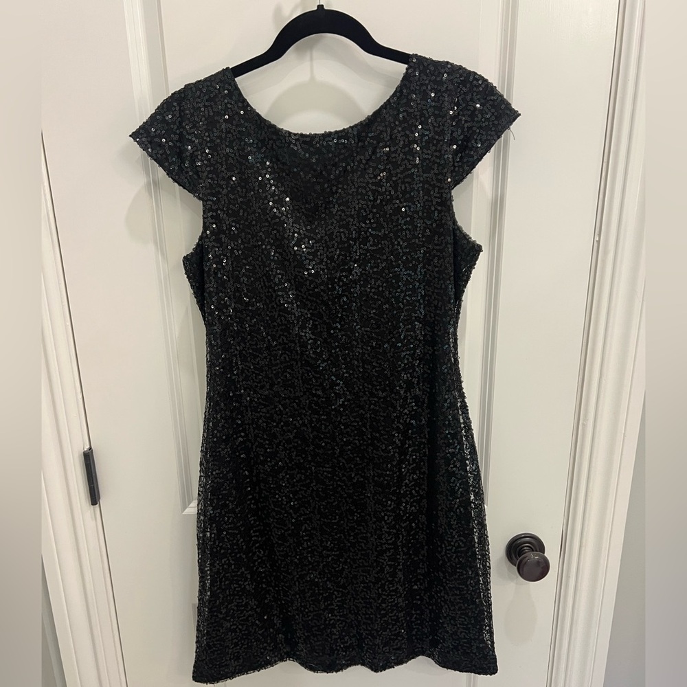 Black Sequin Sheath Mini Dress with Flutter Cap Sleeves